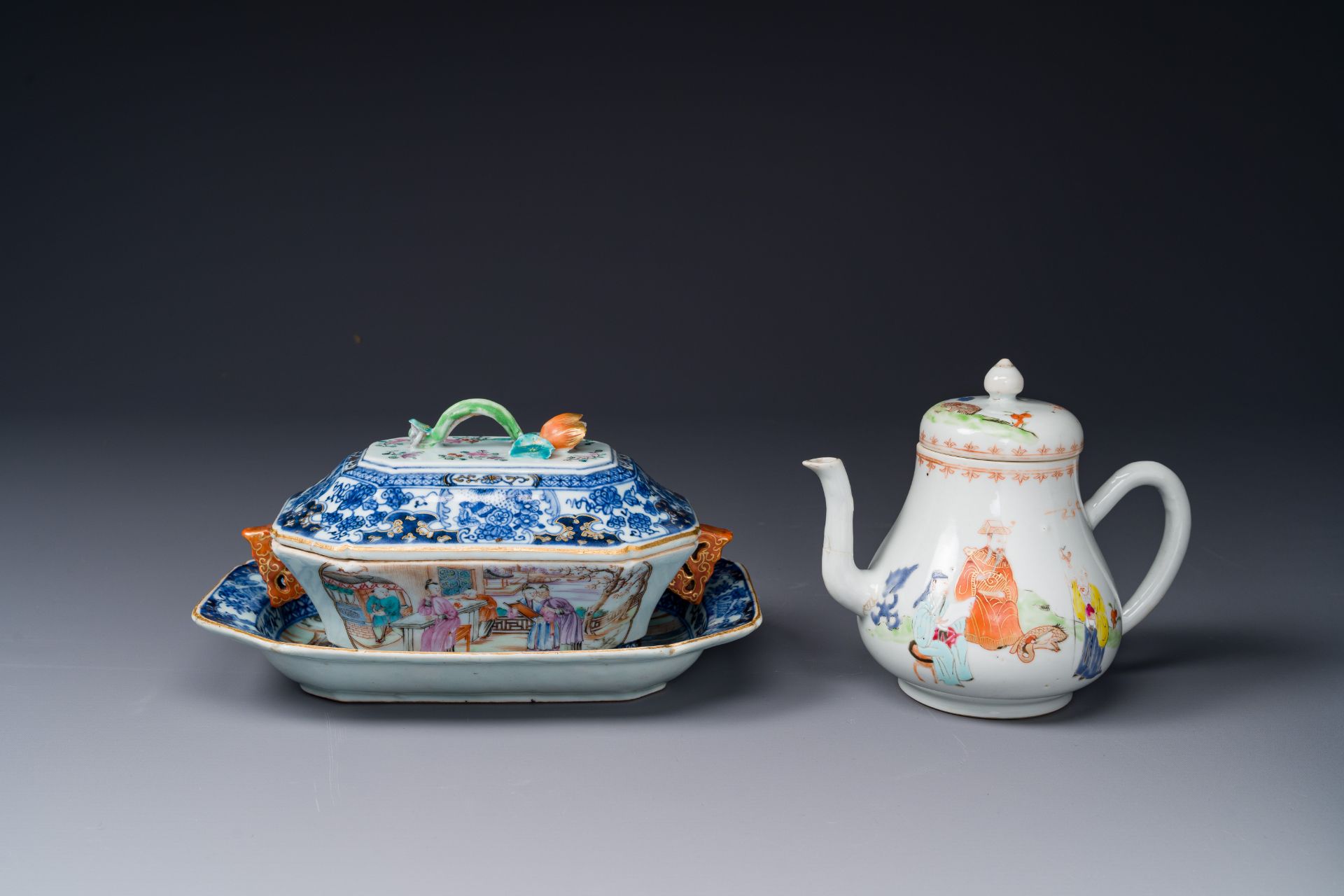 A Chinese Canton famille rose 'mandarin subject' tureen and cover on stand and a teapot and cover, Q
