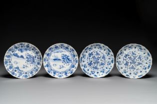 A pair of Chinese blue and white 'Mongolian hunting scene' plates and a pair of plates with floral d