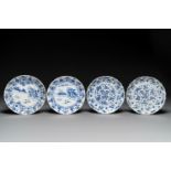 A pair of Chinese blue and white 'Mongolian hunting scene' plates and a pair of plates with floral d