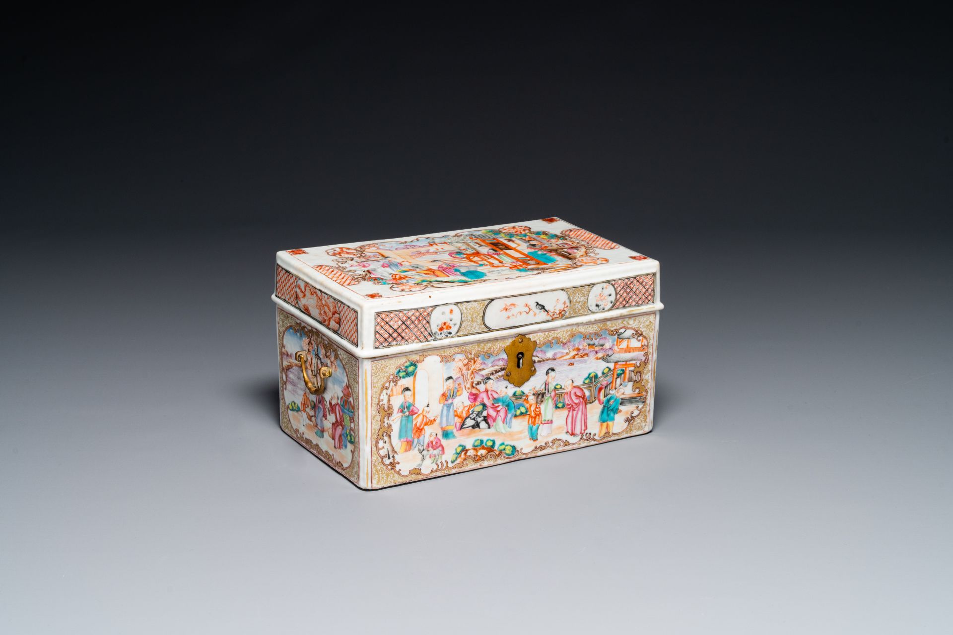 An extremely rare Chinese Canton famille rose 'mandarin subject' tea casket or chest with gilt bronz