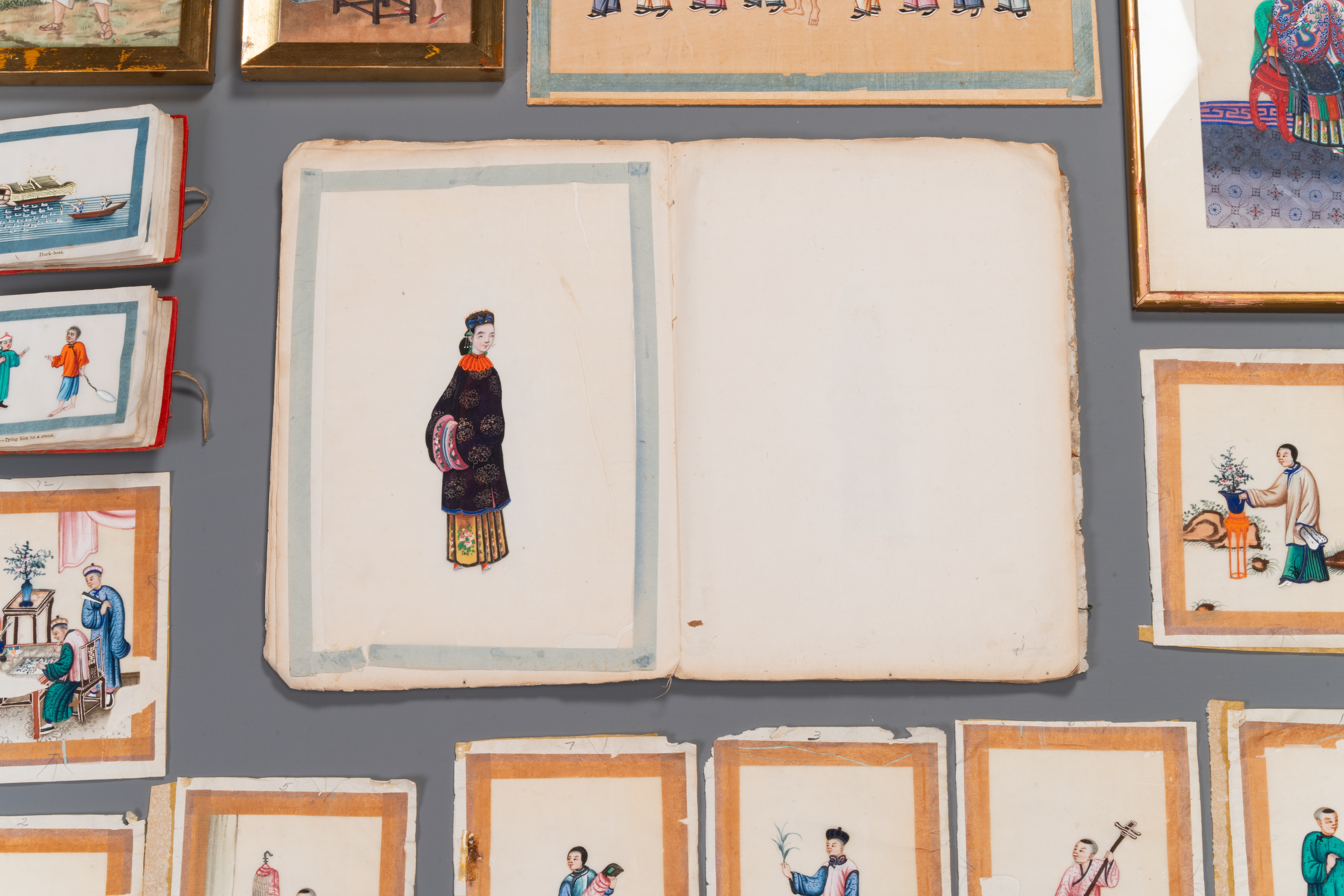 A varied collection of Chinese rice paper paintings with figures, Canton, 19th C. - Image 8 of 13