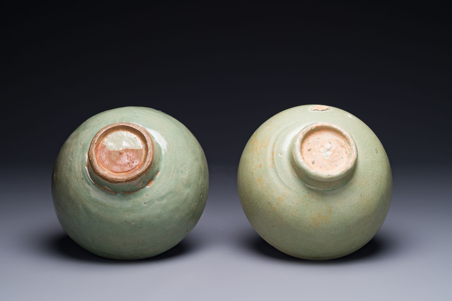 Two rare Chinese Longquan celadon bowls with figural design, Yuan - Image 3 of 3