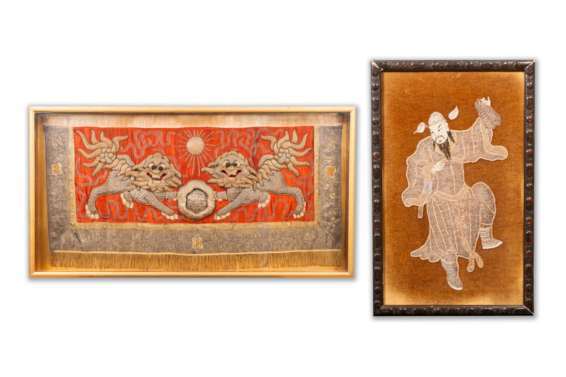 Two Chinese gold and silver-thread-embroidered silk cloths decorated with lions and Guandi, 19th C.