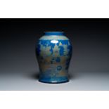 A Chinese gilt-decorated powder-blue vases with landscape design, Qianlong/jiaqing