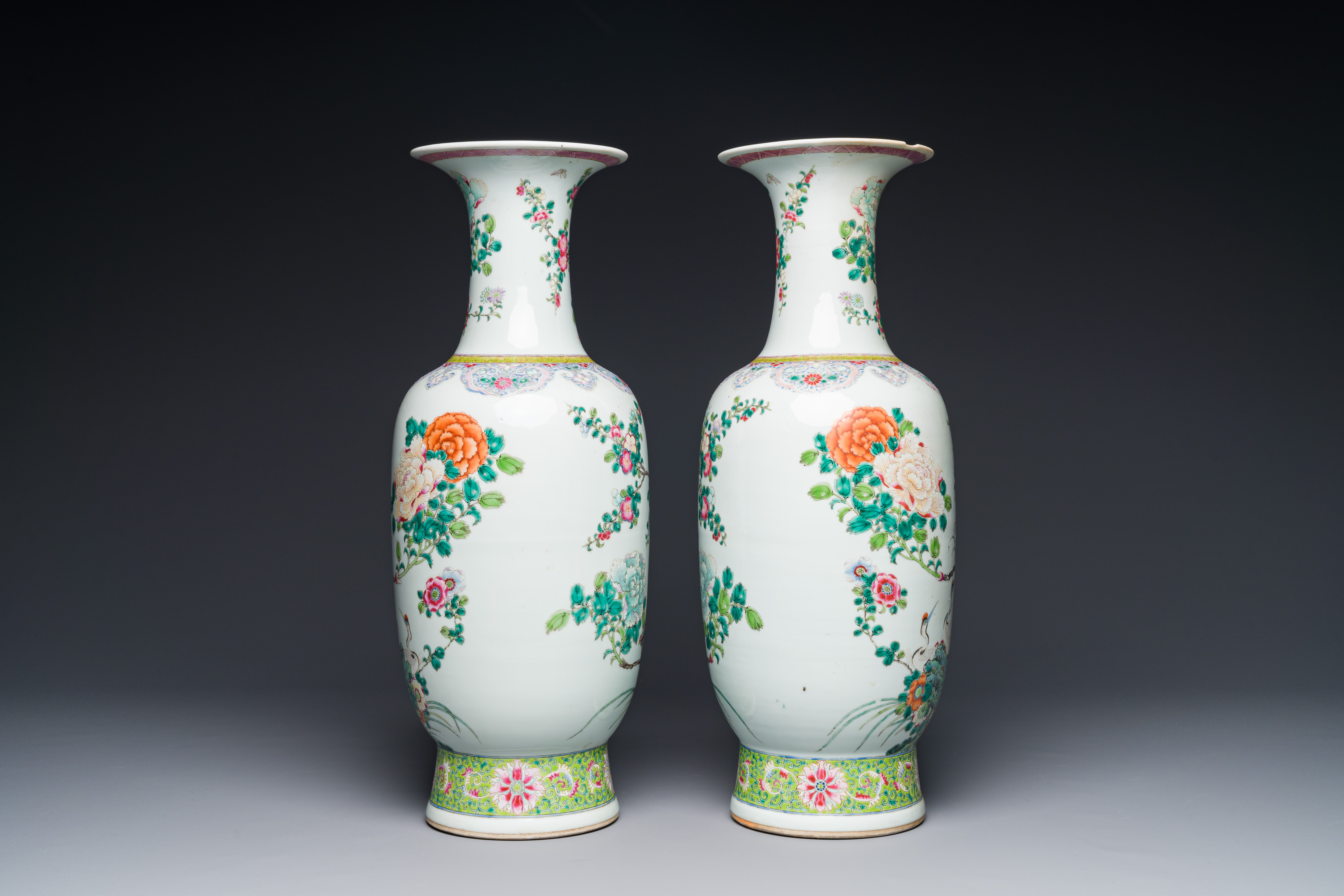 A pair of Chinese famille rose vases with birds among blossoming branches, Qianlong mark, Republic - Image 2 of 3