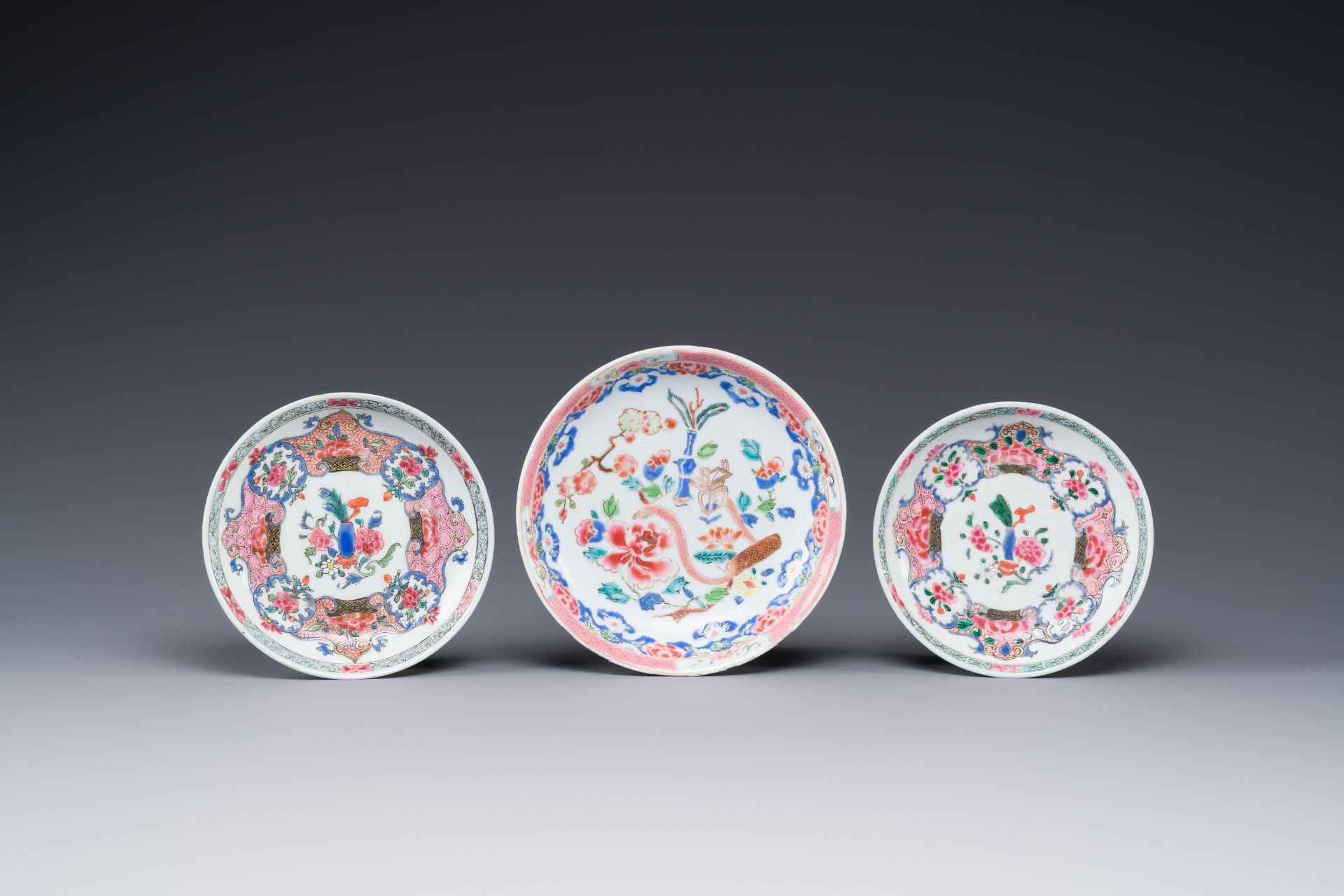 Four Chinese famille rose cups and three saucers with floral design, Yongzheng - Image 2 of 6