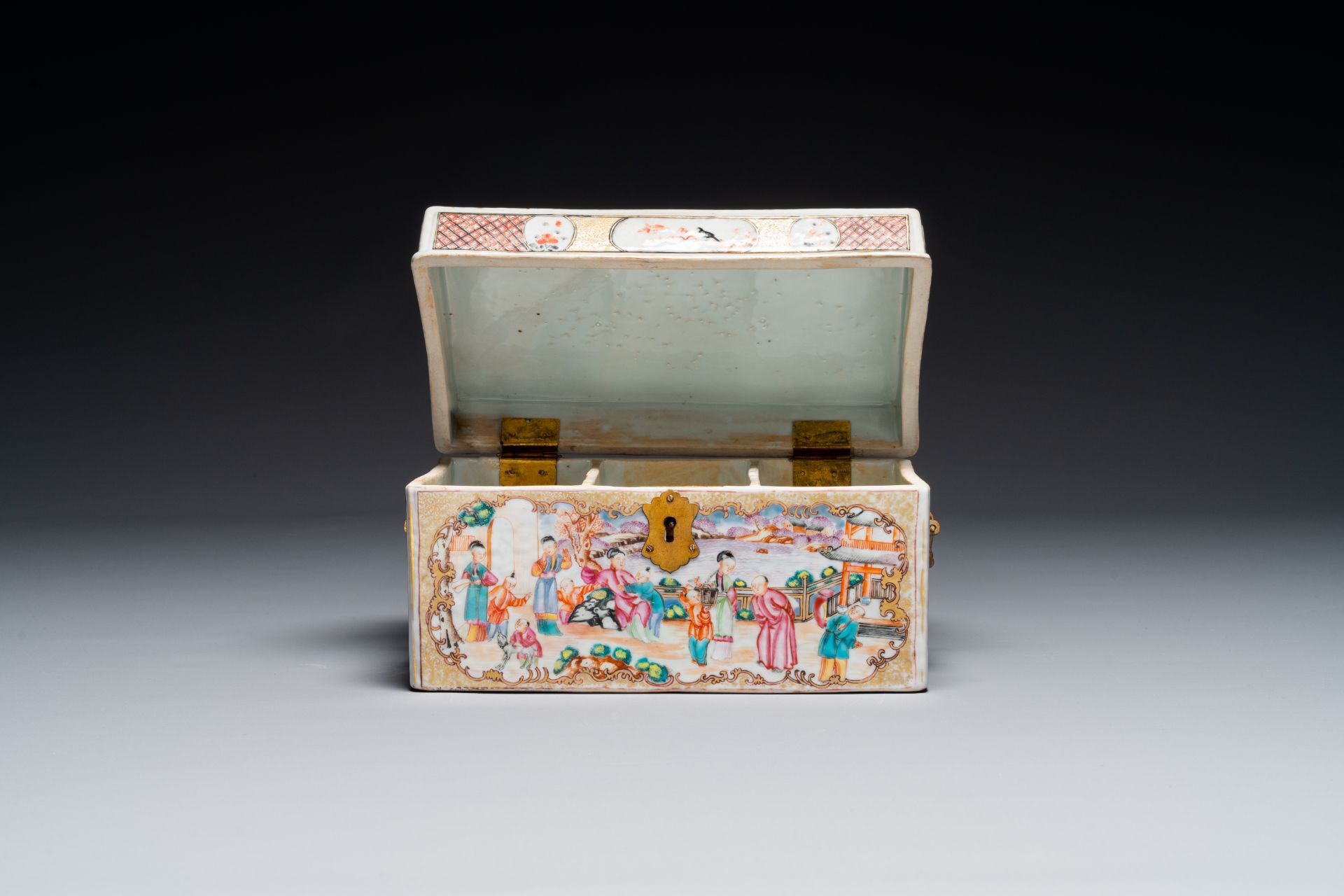 An extremely rare Chinese Canton famille rose 'mandarin subject' tea casket or chest with gilt bronz - Image 3 of 9