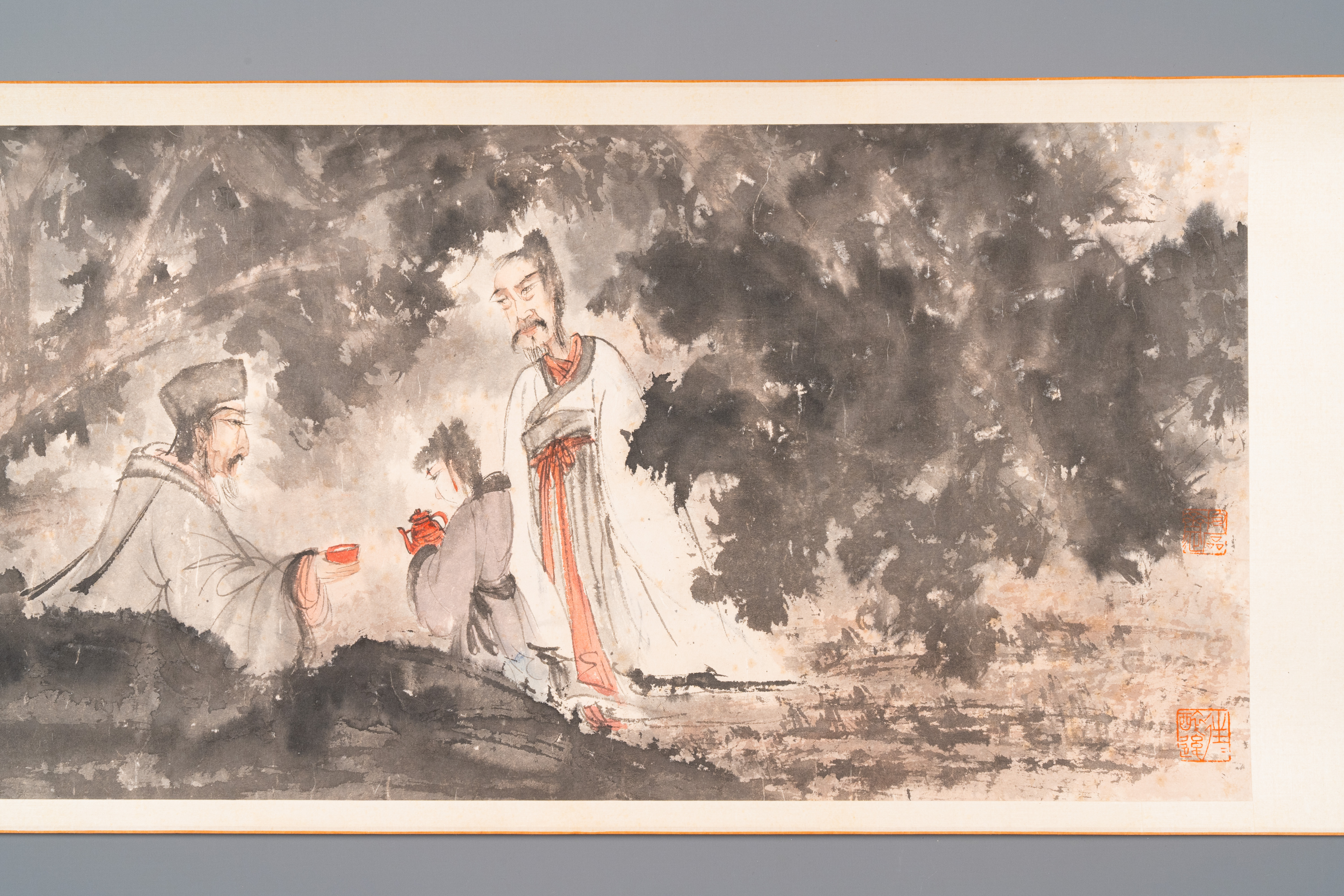 Fu Baoshi å‚…æŠ±çŸ³ (1904-1965): 'literati gathering', ink and colour on paper, dated 1943 - Image 8 of 9