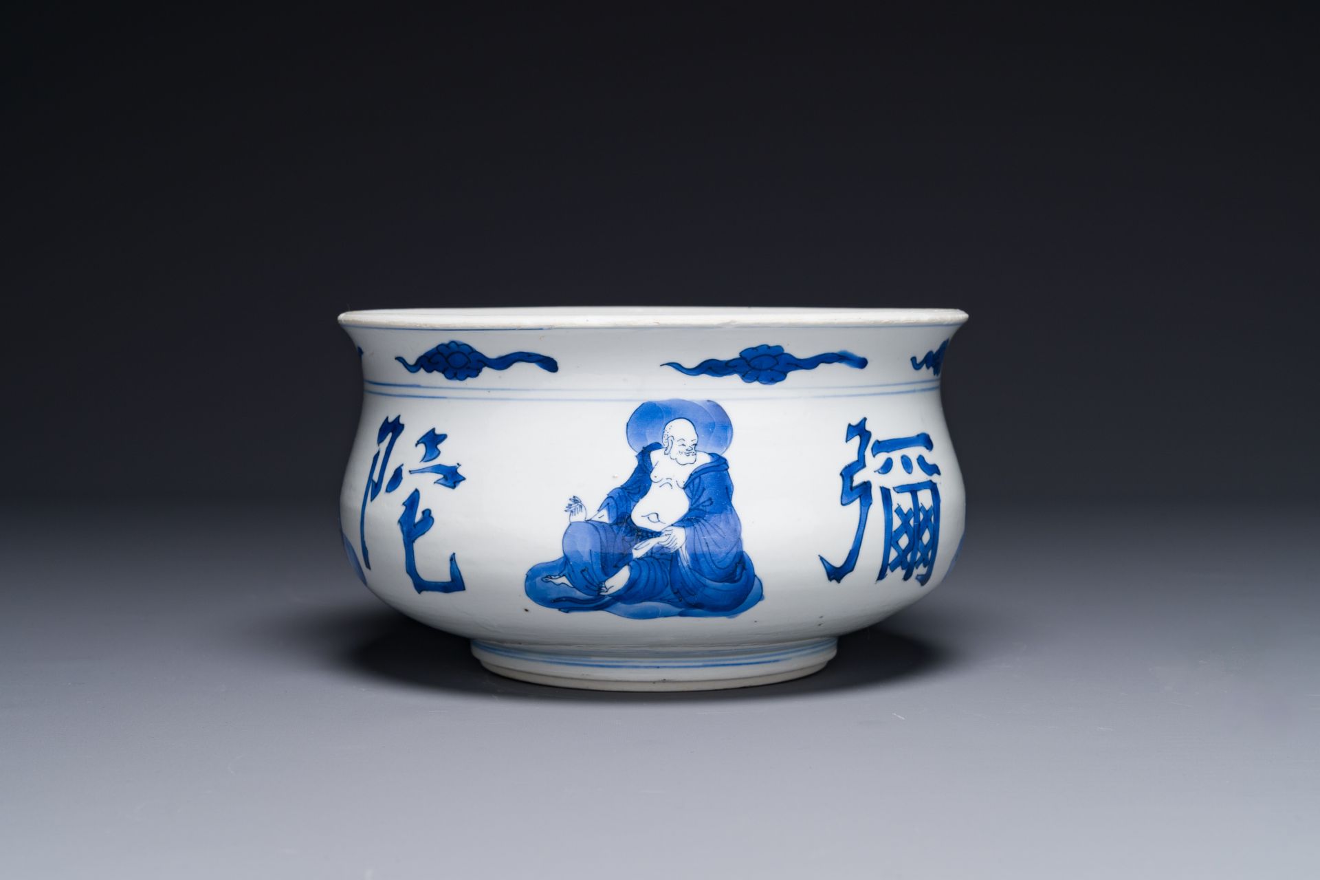 A large Chinese blue and white 'Buddhist' censer, Kangxi - Image 3 of 6