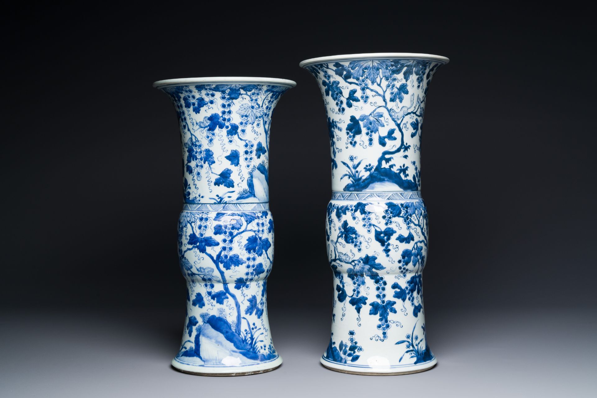 Two Chinese blue and white 'gu' vases with squirrels among grape vines, Kangxi - Image 3 of 7