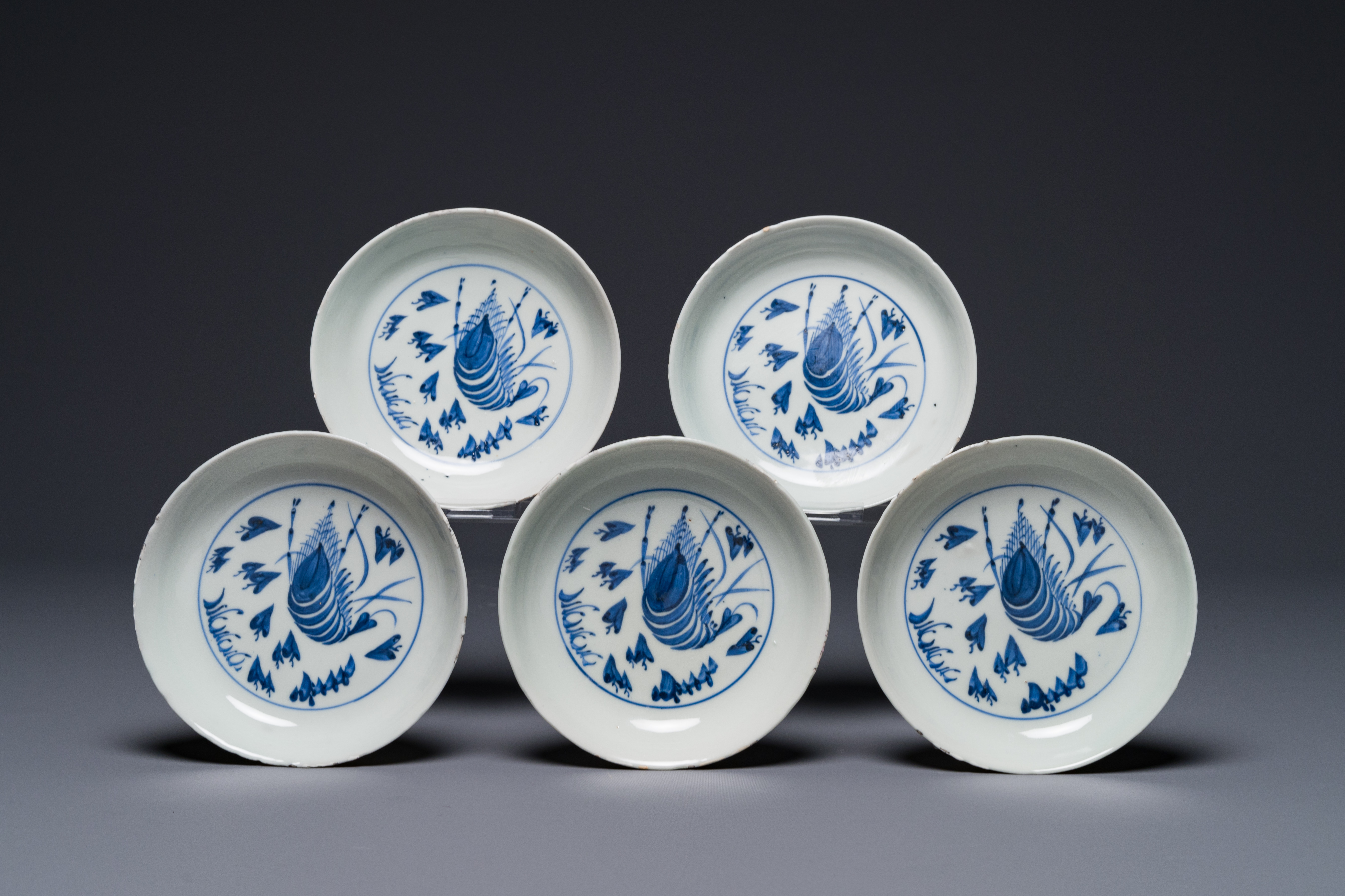 Five Chinese blue and white ko-sometsuke â€˜prawnâ€™ plates for the Japanese market, Tianqi