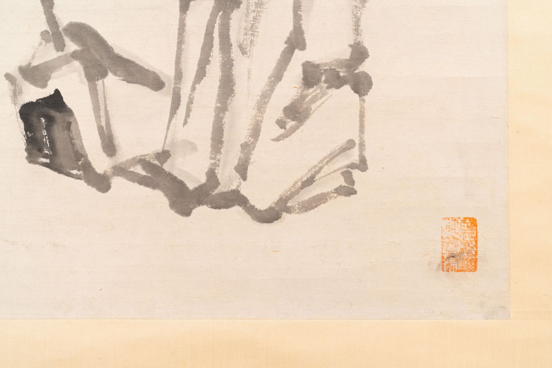 Huang Zhen (1909-1989): 'Sage holding a plum blossom branch', ink and colour on paper - Image 8 of 9