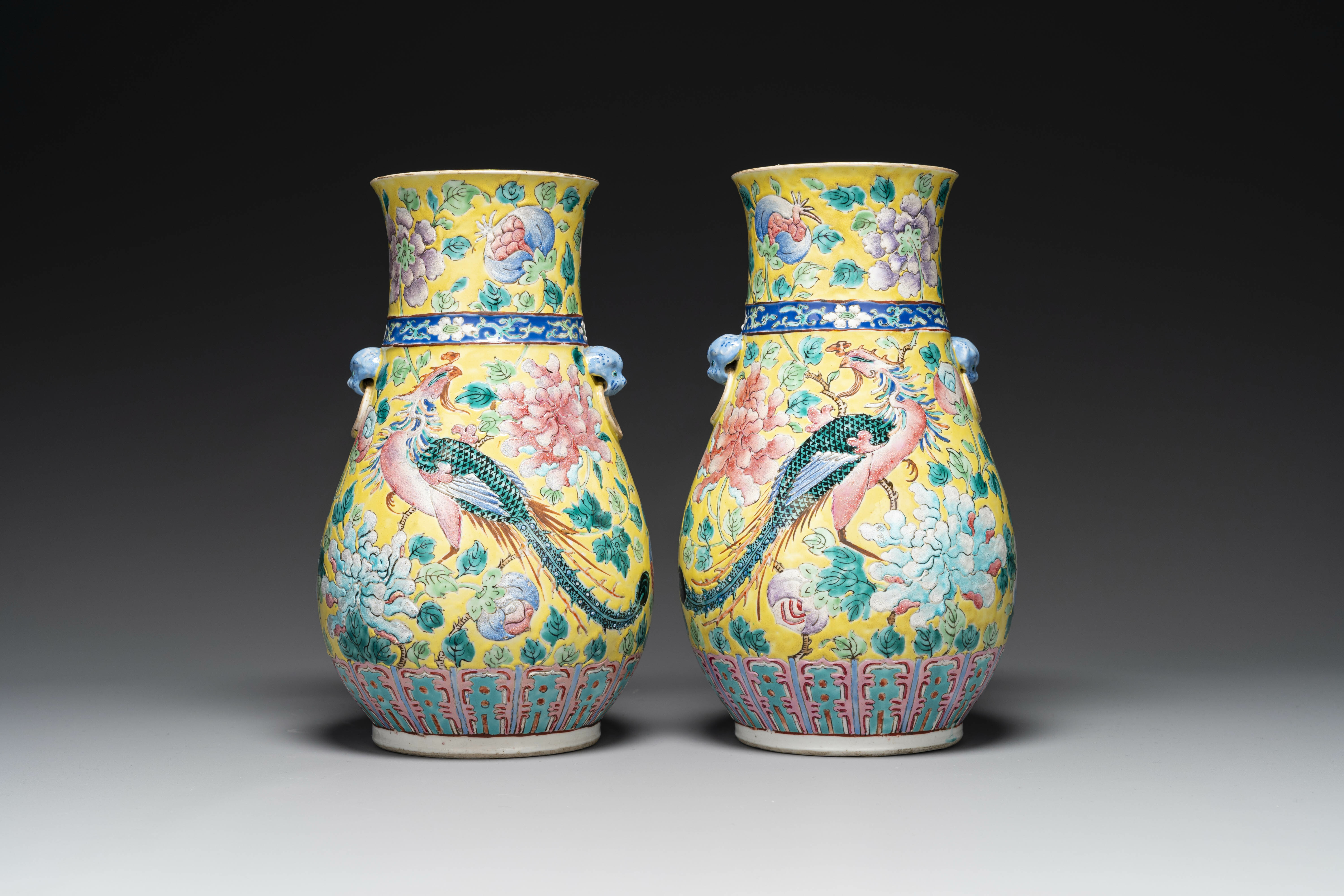 A pair of Chinese famille rose yellow-ground 'hu' vases for the Straits or Peranakan market, 19th C. - Image 3 of 6