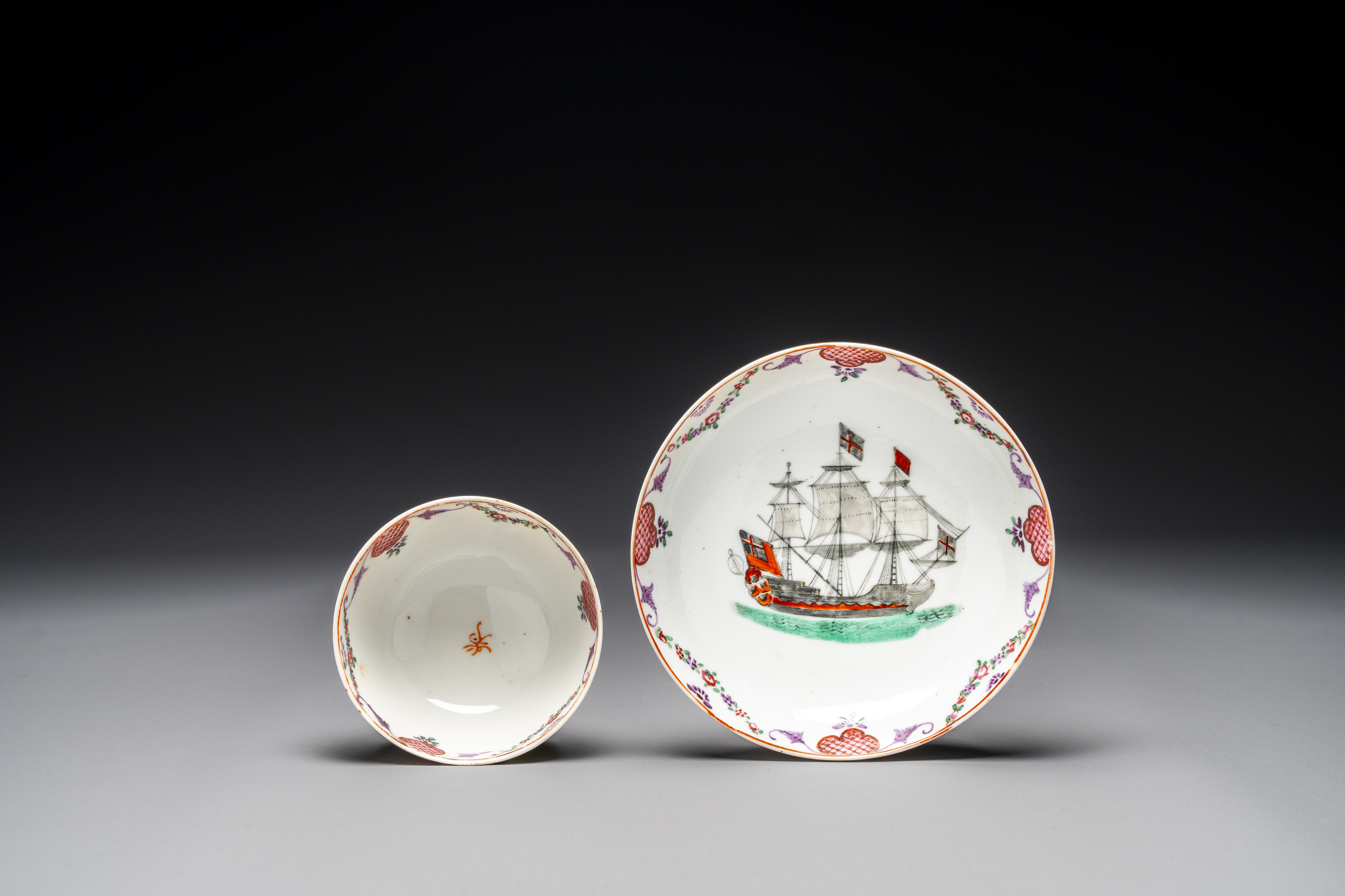 A rare Chinese famille rose 'European merchant ship' cup and saucer, Qianlong - Image 4 of 5