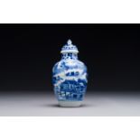 A Chinese blue and white covered vase with fishermen in a river landscape, jade mark, Kangxi