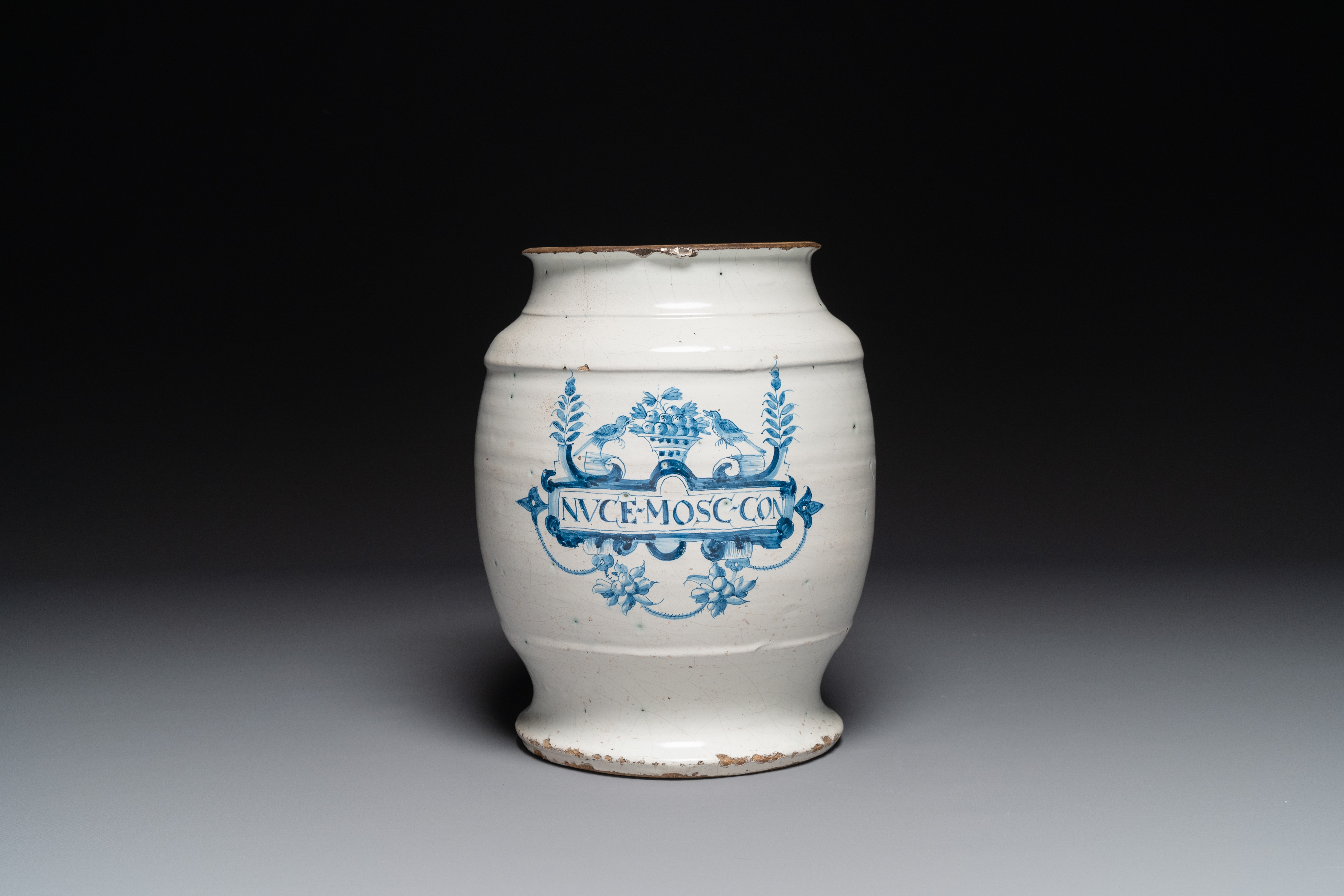 A large Delft blue and white albarello drug jar, probably England, 18th C.
