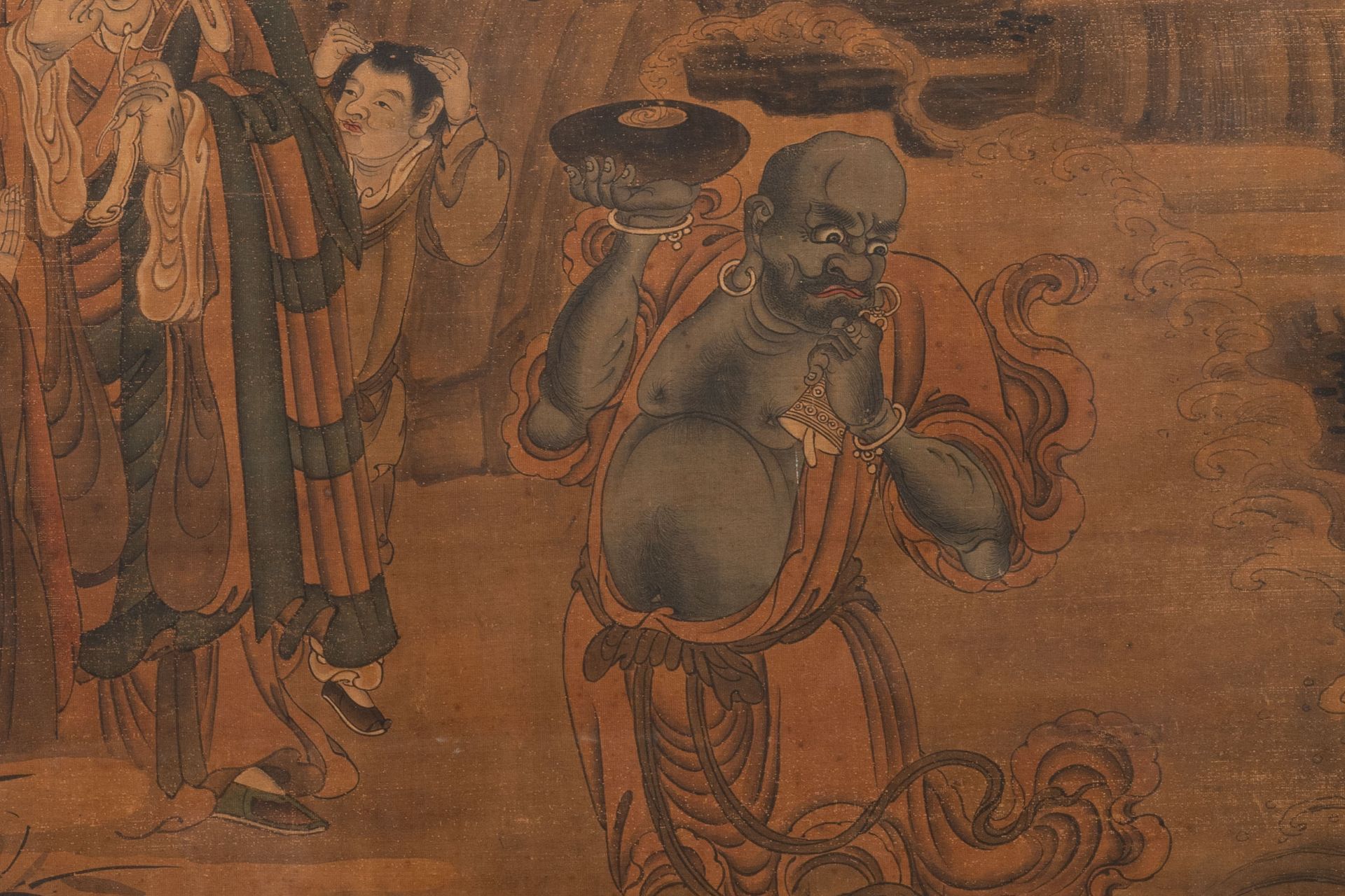 Chinese school: 'Luohan in the mountains', ink and colour on silk, 18th C. - Image 2 of 4