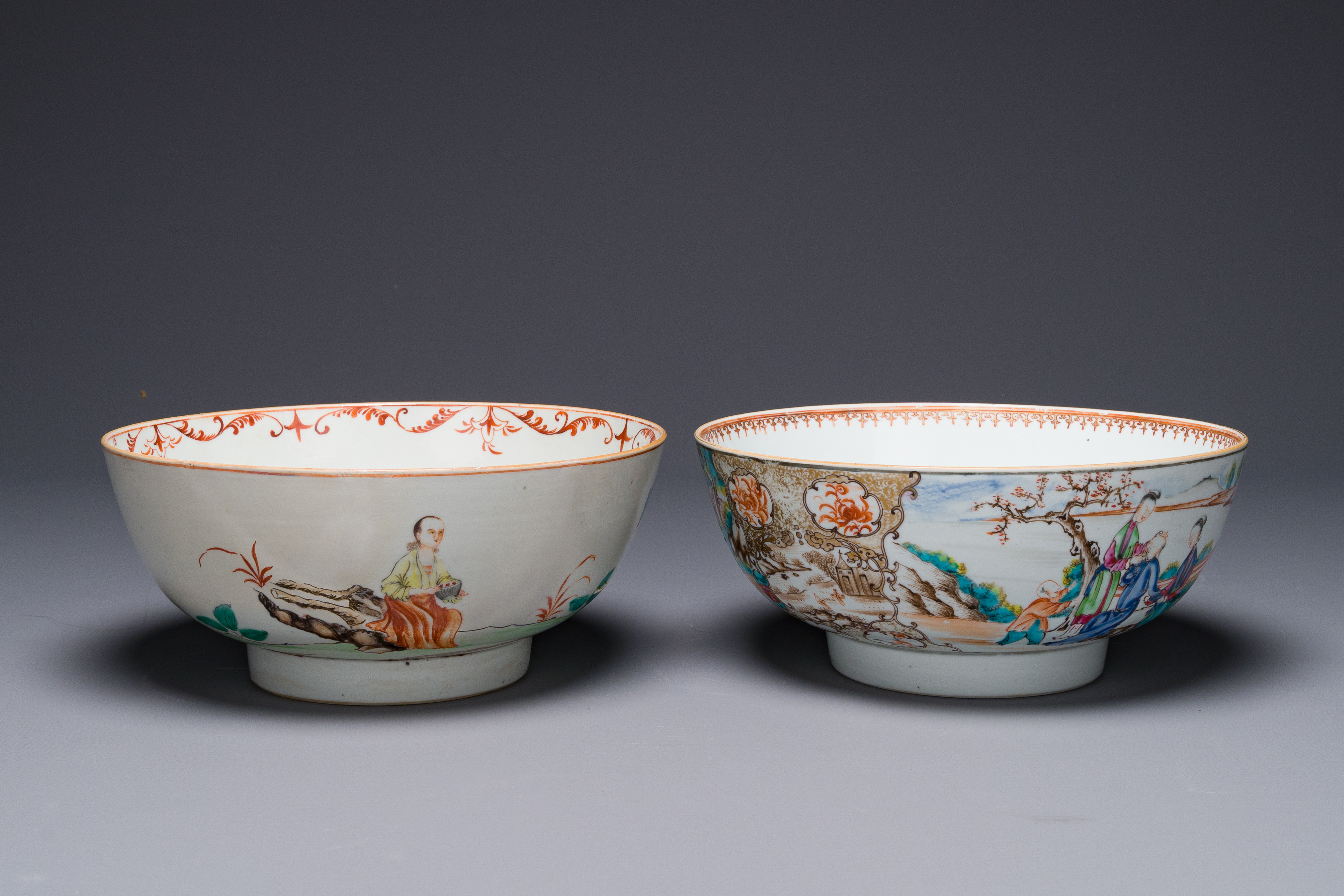 A Dutch-decorated Chinese bowl and a Canton famille rose 'mandarin subject' bowl, Qianlong - Image 4 of 8