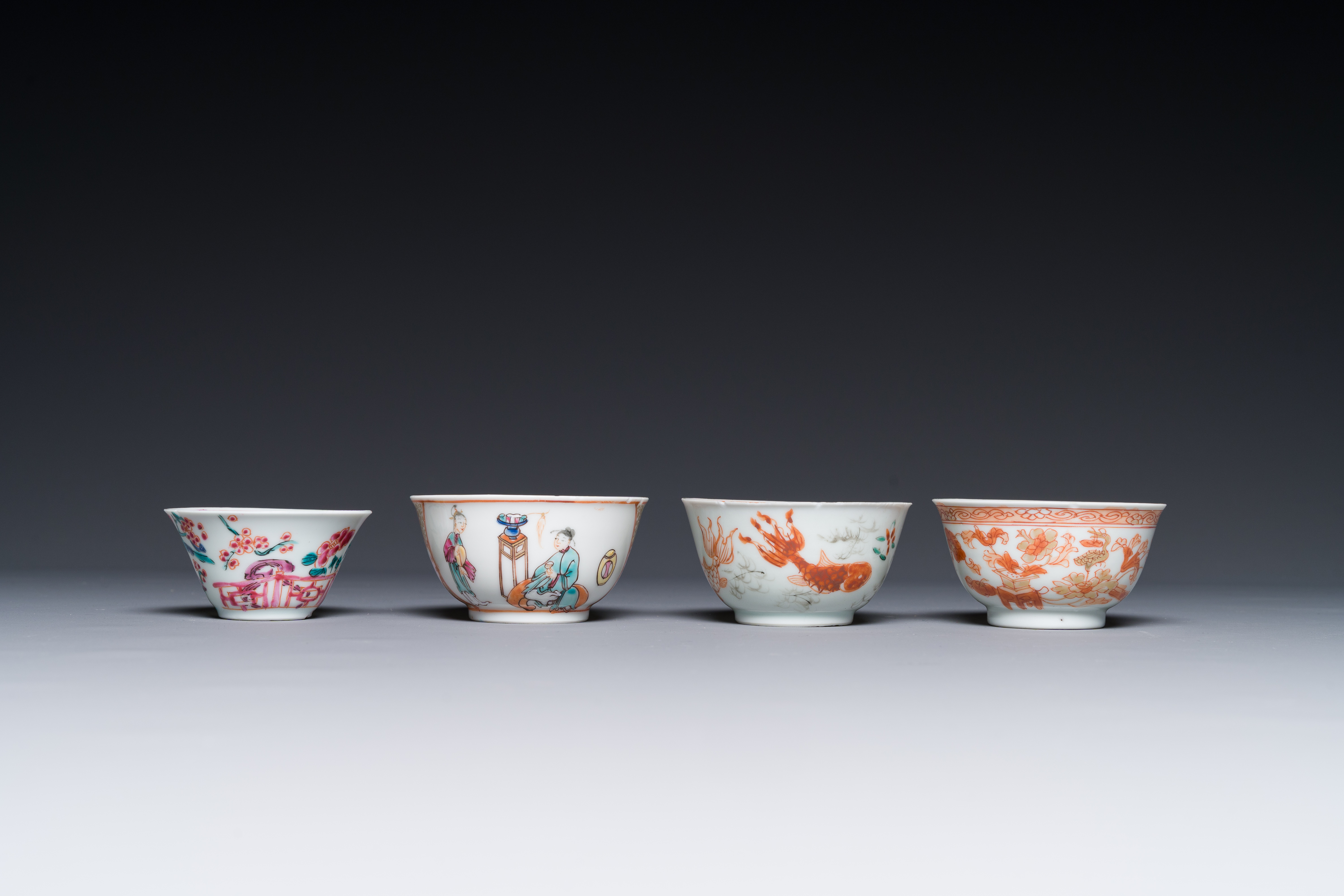 Four Chinese famille rose and iron-red cups and saucers, Yongzheng/Qianlong - Image 4 of 6