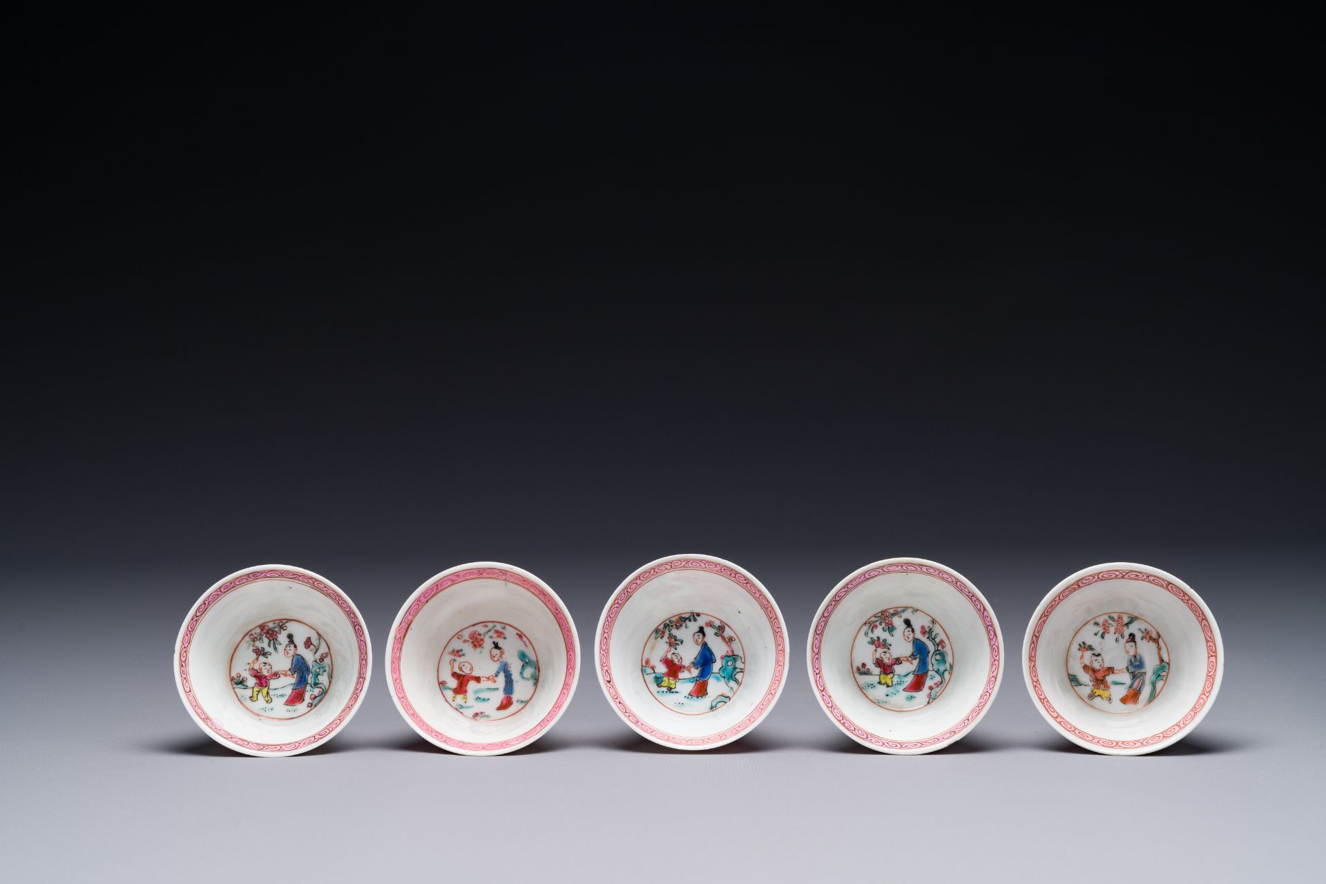Five Chinese famille rose cups and saucers with figures, Yongzheng - Image 5 of 8