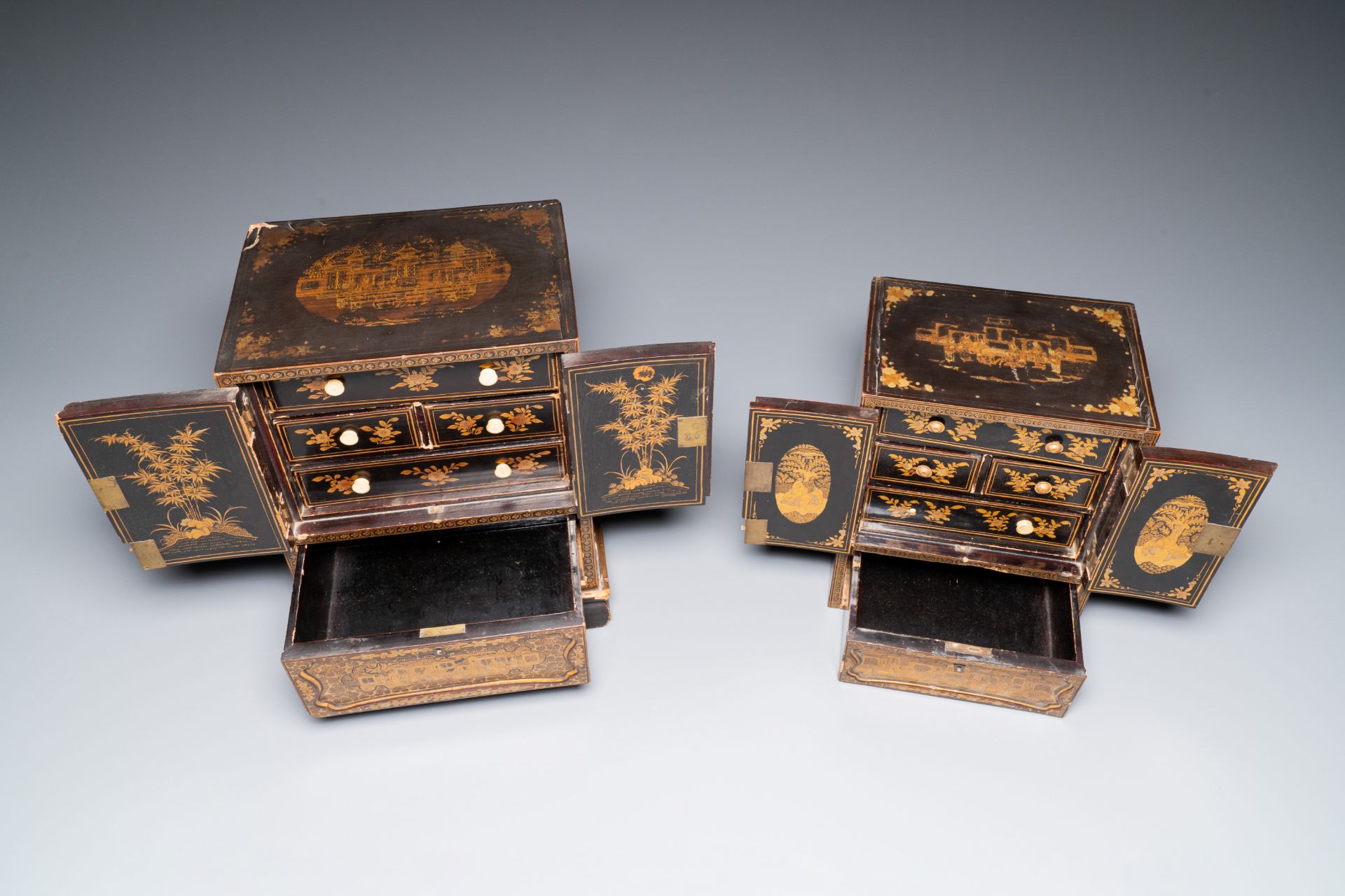 Two Chinese Canton gilt black lacquer miniature cabinets and a box, 19th C. - Image 8 of 10
