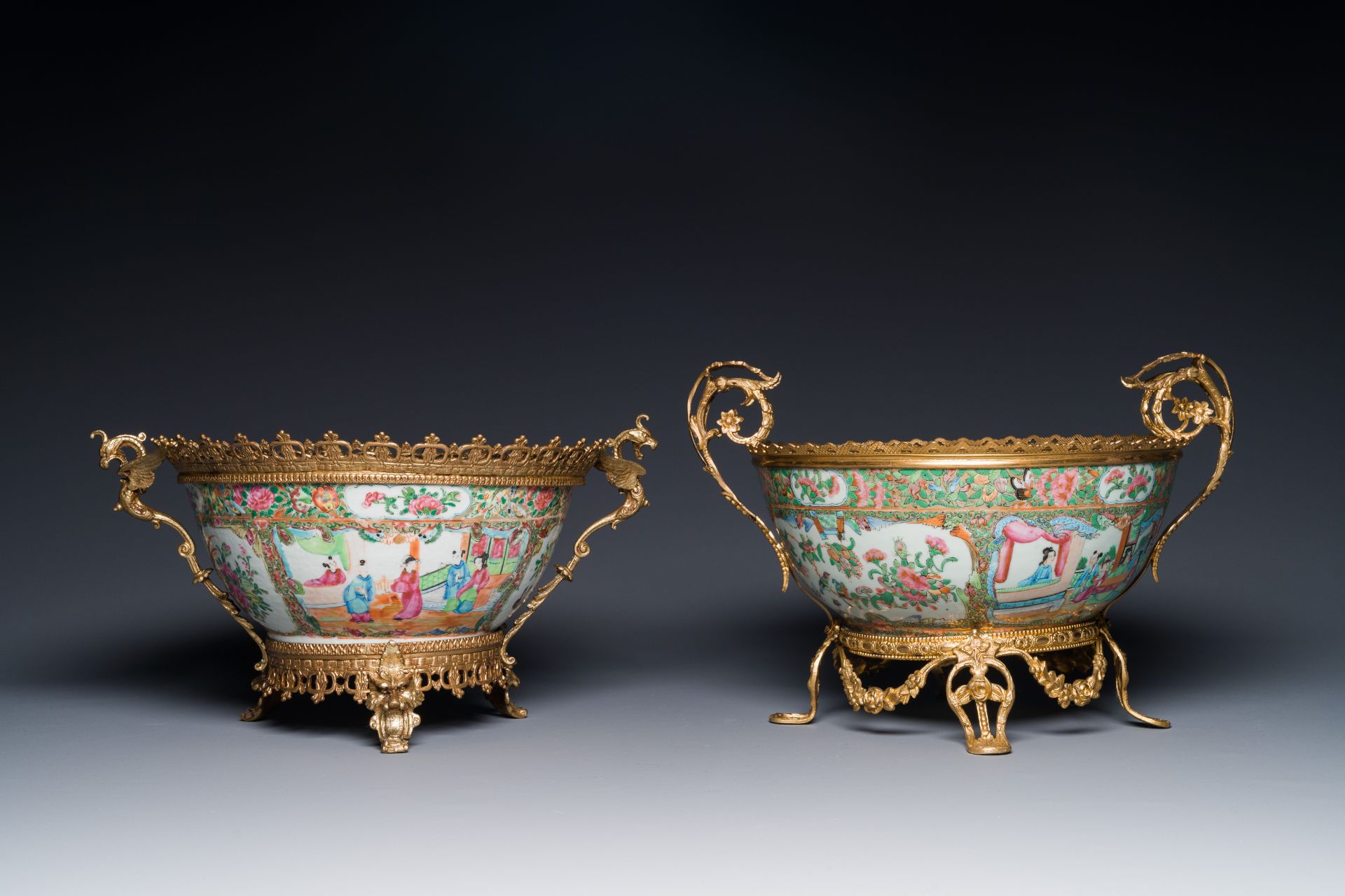 Two Chinese Canton famille rose bowls with gilt bronze mounts, 19th C. - Image 2 of 4