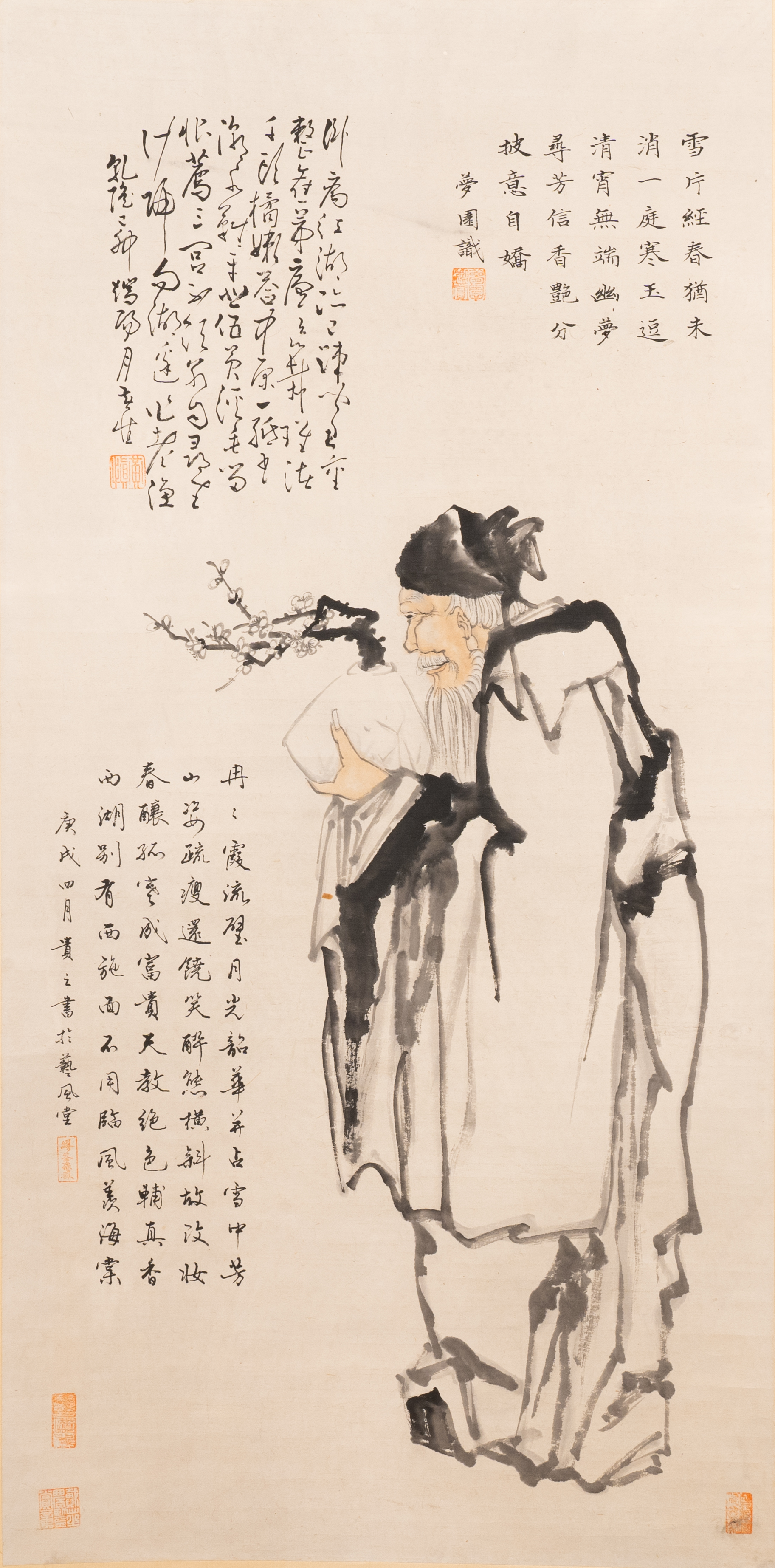 Huang Zhen (1909-1989): 'Sage holding a plum blossom branch', ink and colour on paper