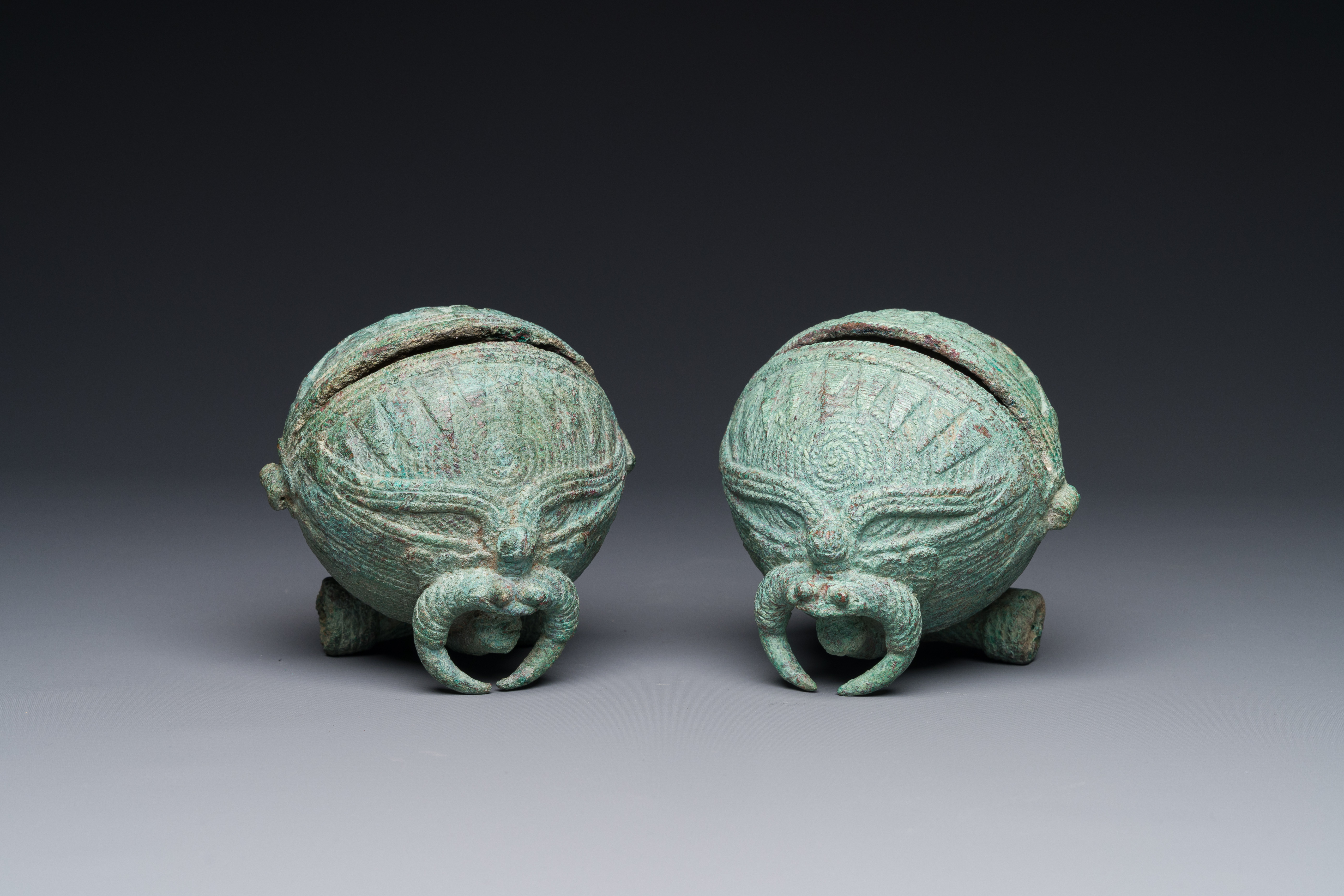 A pair of round bronze bells for water buffalo, Cambodia, Batambang provence, 300 BC - Image 2 of 15