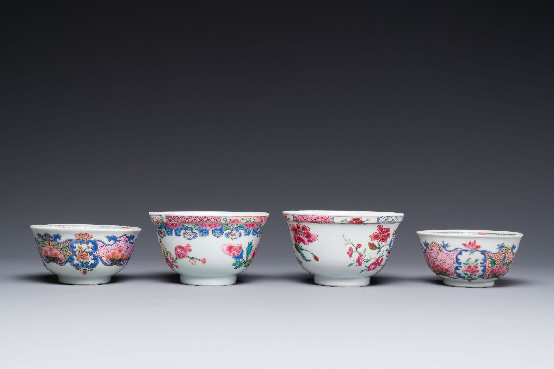 Four Chinese famille rose cups and three saucers with floral design, Yongzheng - Image 5 of 6