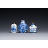 Three Chinese blue and white snuff bottles, Yongzheng mark, 19th C.