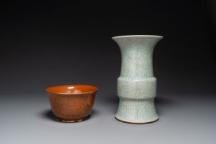 A Chinese ge-type 'gu' vase and an iron-rust-glazed bowl, 19th C.