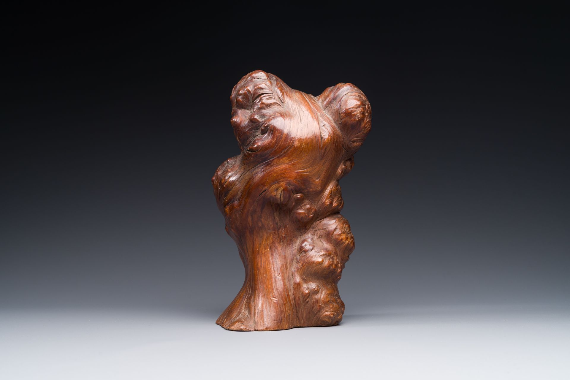 A Chinese burl wood sculpture in the shape of 'gongshi or 'scholar's rocks', 19th C. - Image 2 of 3