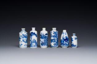 Six Chinese blue and white snuff bottles, 19th C.