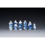 Six Chinese blue and white snuff bottles, 19th C.