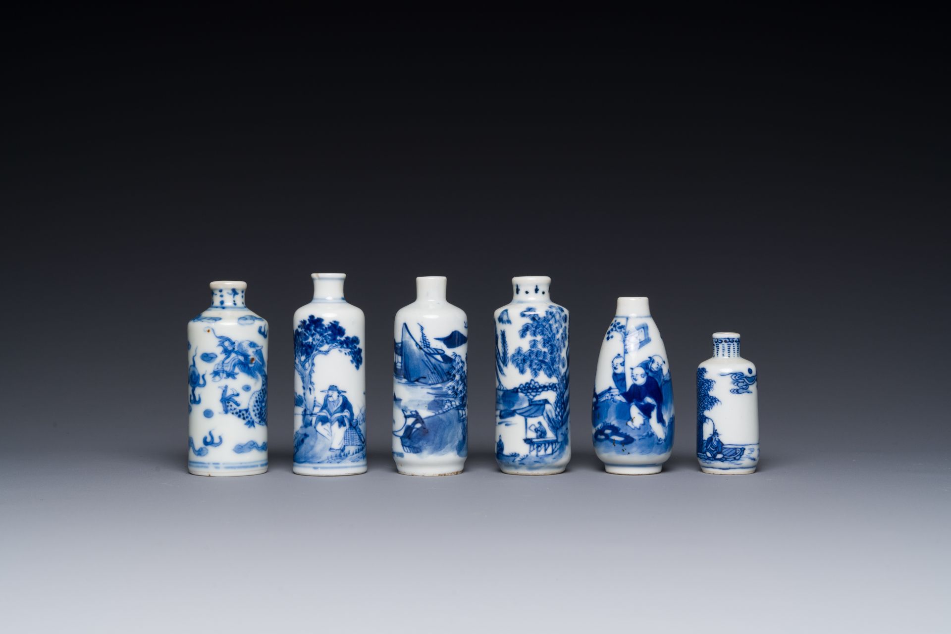 Six Chinese blue and white snuff bottles, 19th C.