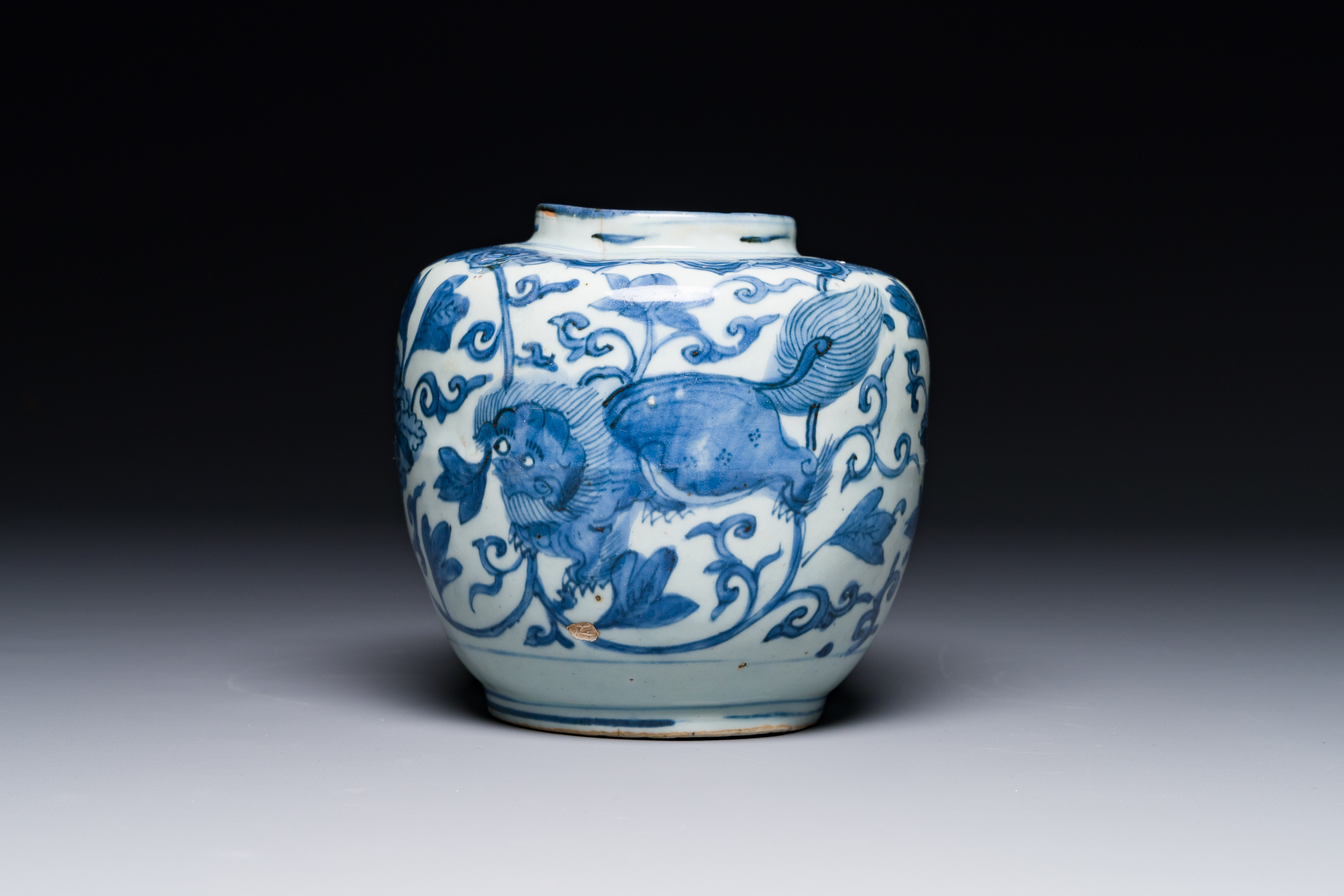 A Chinese blue and white 'Buddhist lion and lotus scroll' jar, Wanli - Image 3 of 6