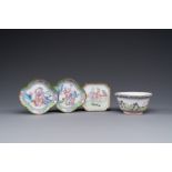 Three Chinese Canton enamel saucers and a bowl, Shangxin èµå¿ƒ mark, Yongzheng/Qianlong