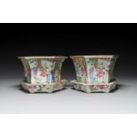 A pair of hexagonal Chinese Canton famille rose jardinieres on stands, 19th C.