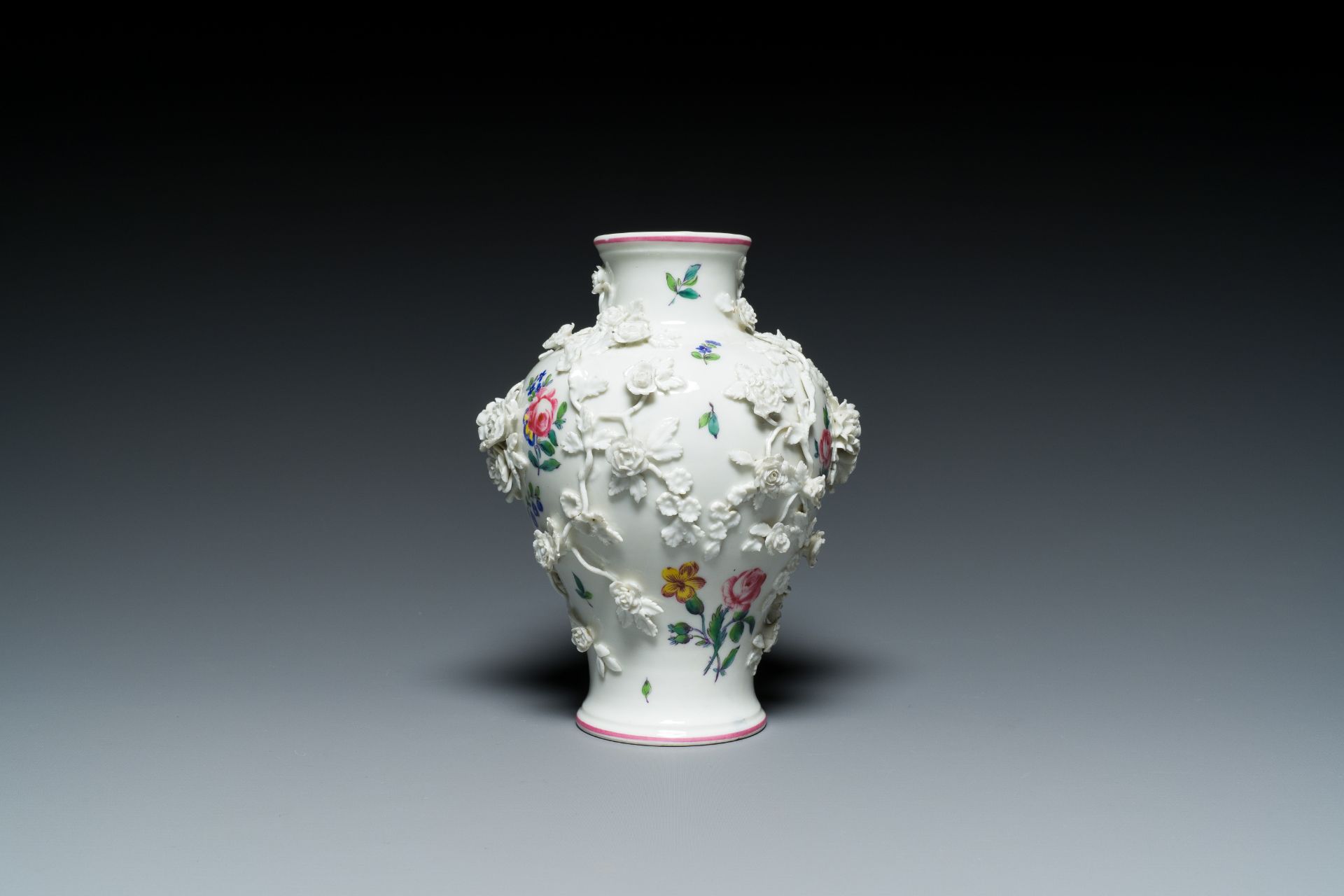 A Mennecy vase with applied floral design, France, DV mark, 18th C. - Image 4 of 16