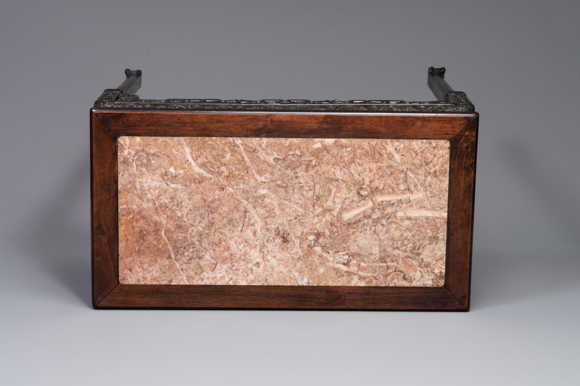 A rectangular Chinese carved wooden console table with a pink marble top, 19th C. - Image 4 of 5