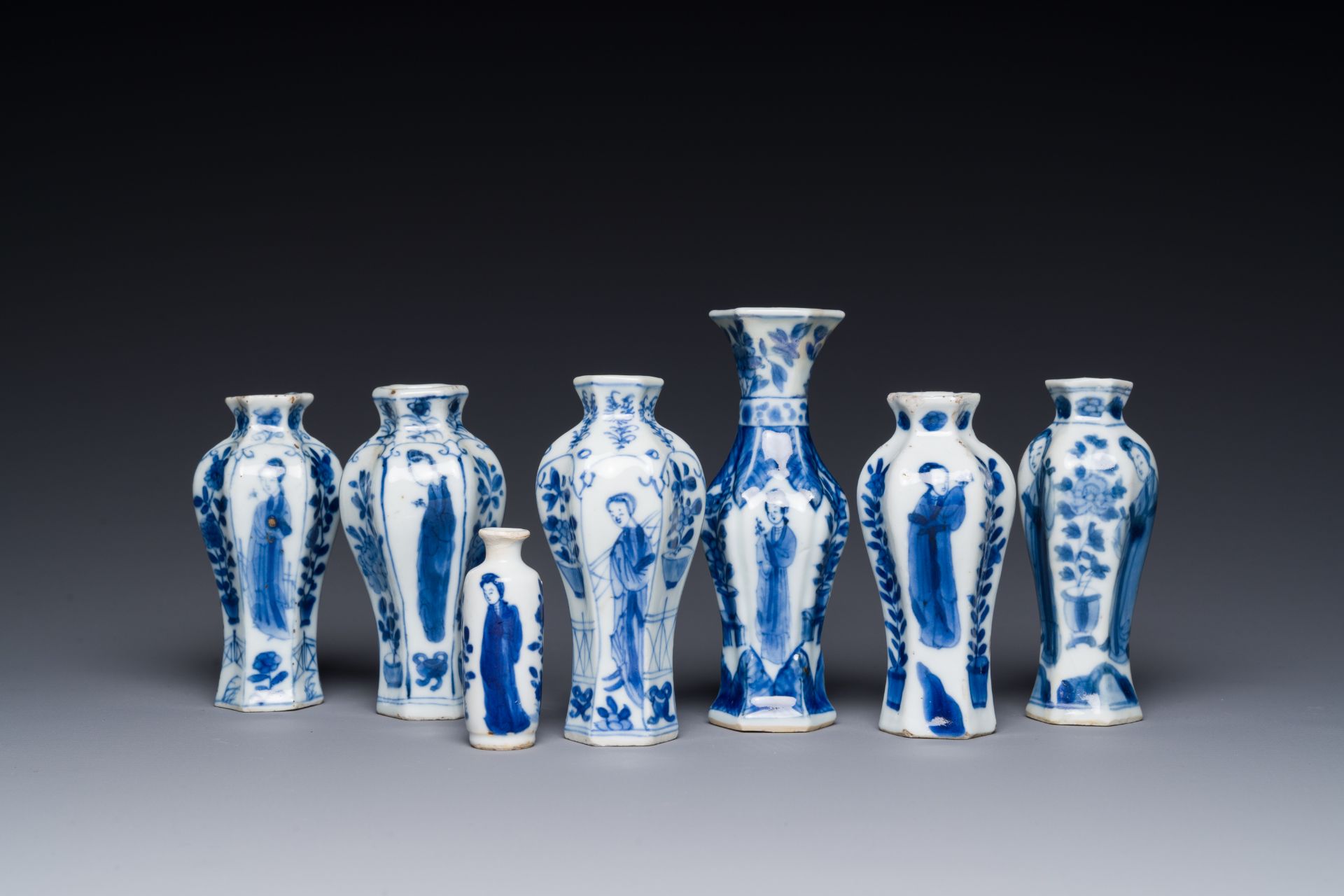 Seven Chinese blue and white 'Long Eliza' miniature vases, Kangxi