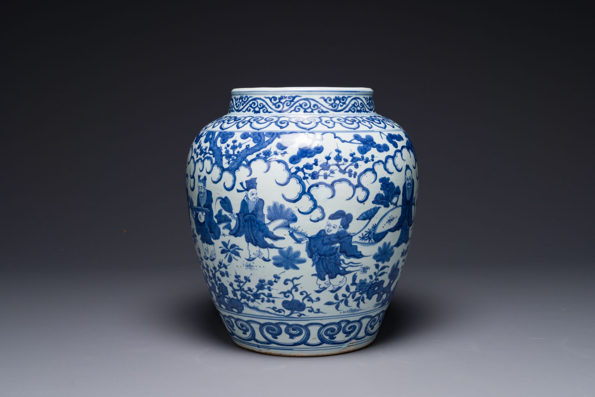 A Chinese blue and white 'Ba Xian Zhu Shou å…«ä»™ç¥å£½' jar, Wanli mark and possibly of the period - Image 4 of 6
