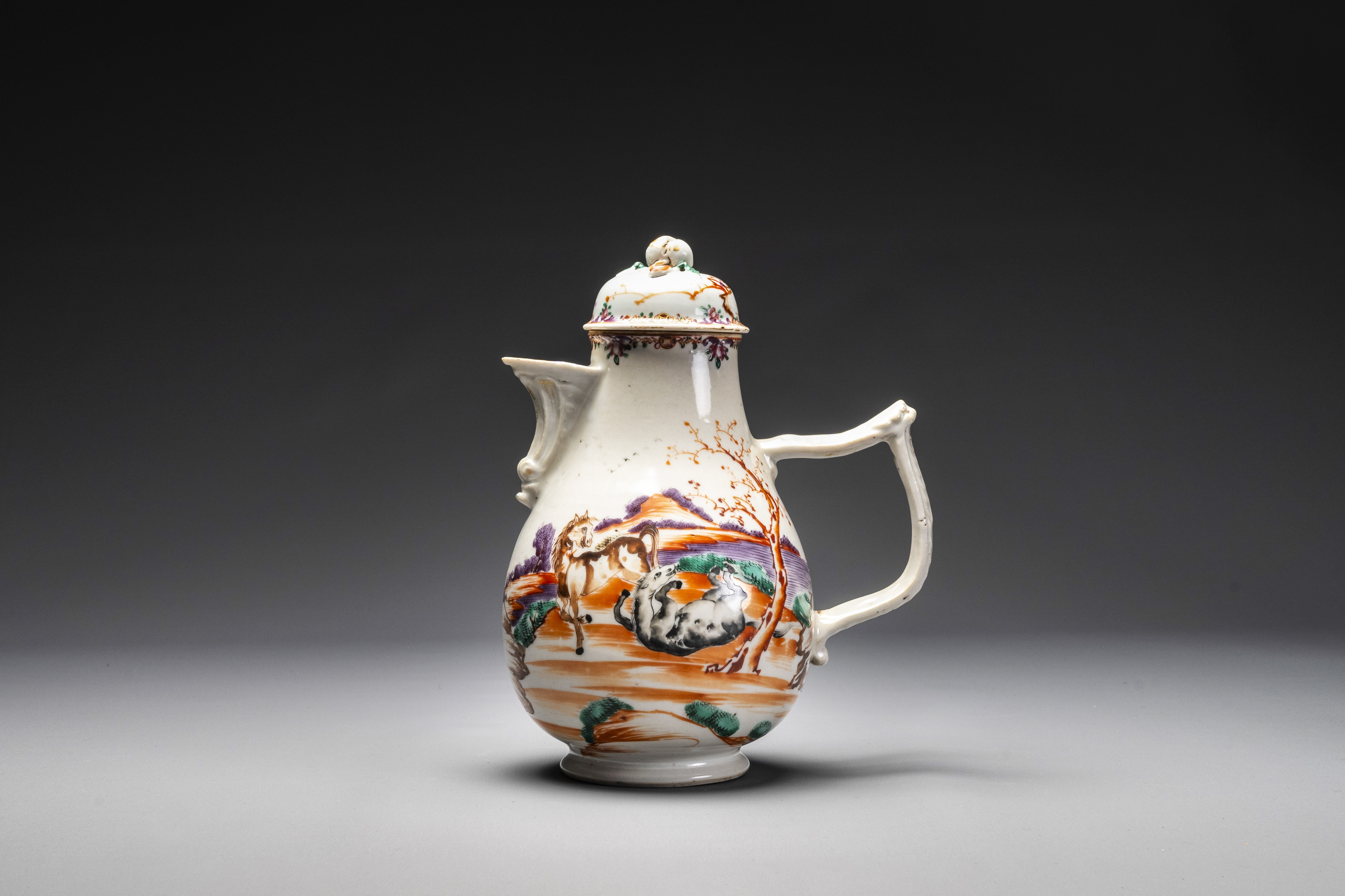 Four Chinese famille rose cups and saucers and an ewer with design of two horses, Qianlong - Image 4 of 15