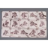 Fifteen Dutch Delft manganese tiles with horse riders, late 17th C.