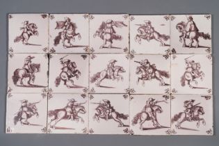 Fifteen Dutch Delft manganese tiles with horse riders, late 17th C.