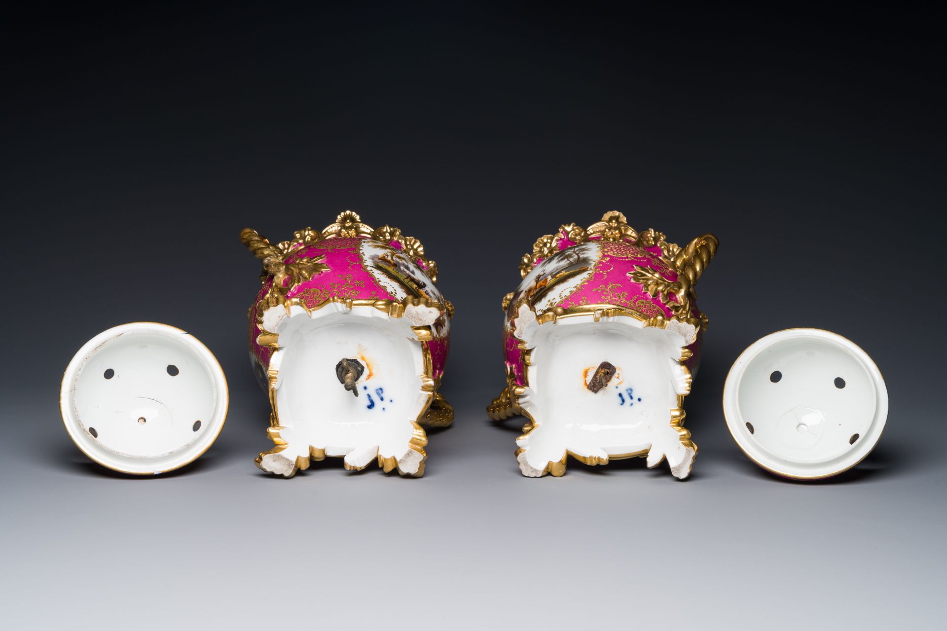 A pair of French parcel-gilt polychrome pink-ground porcelain potpourri vases, Jacob Petit, Paris, 1 - Image 5 of 7