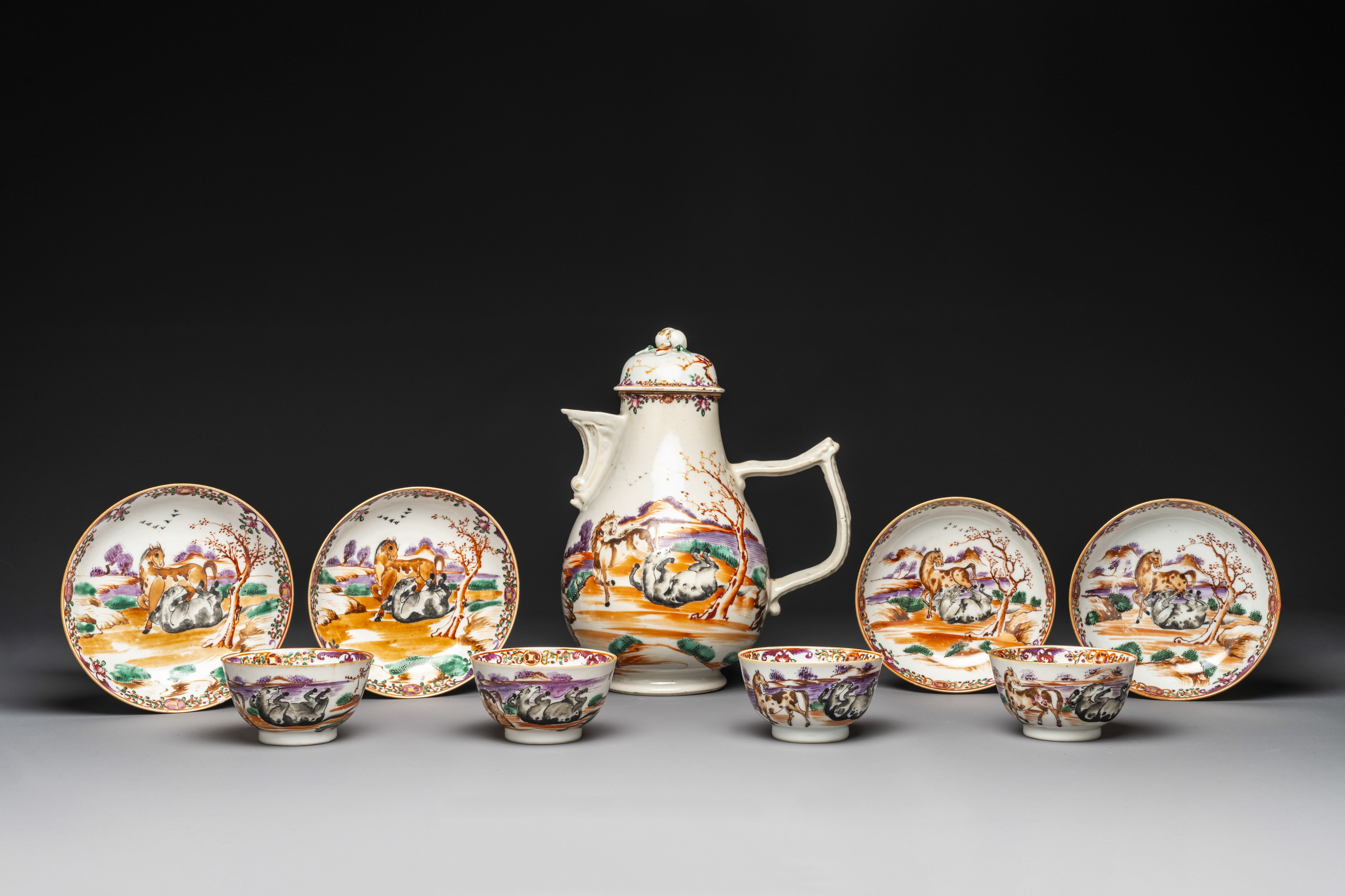 Four Chinese famille rose cups and saucers and an ewer with design of two horses, Qianlong