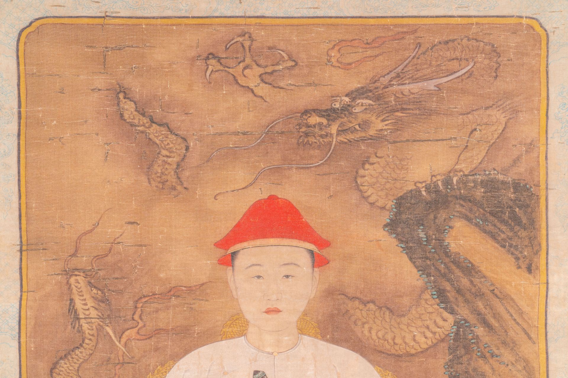 Chinese school: 'Portrait of emperor Yongzheng', ink and colour on silk, 19/20th C. - Image 3 of 5