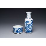 A Chinese blue and white rouleau vase and a tripod censer, Kangxi