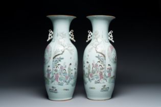 Pair of Chinese famille rose vases with ladies in a garden, signed Rongfang, 19th